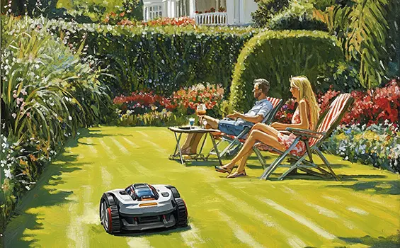 Enjoying a summer drink while the robotic lawn mower cuts the grass